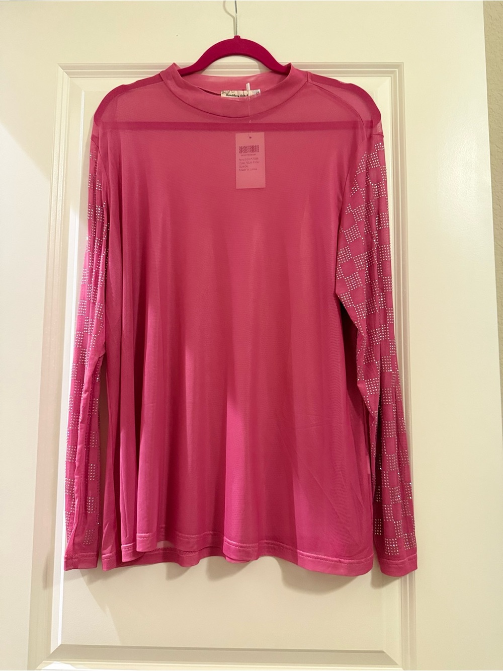 Southern Stitch Long Sleeve Mesh Tee in Pink with Studded Sleeves